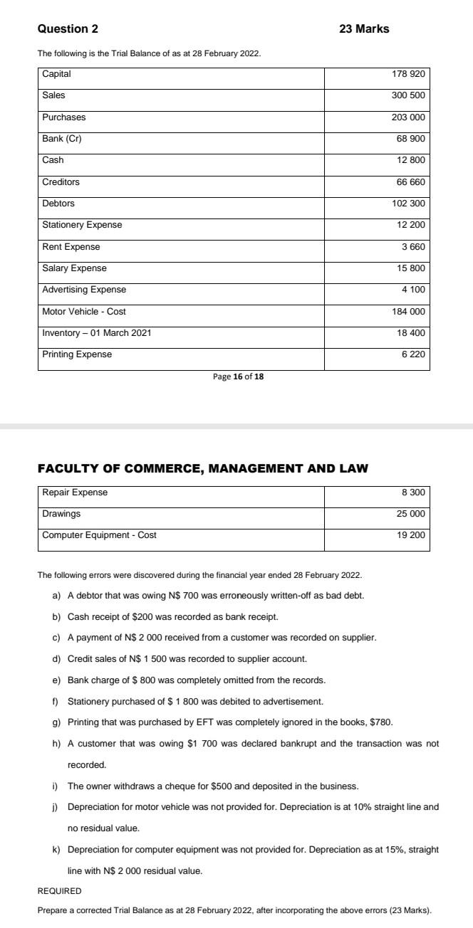 Question 2 The Following Is The Trial Balance Of As At 28 February 2022 Capital Sales Purchases Bank Cr Cash Creditor 1