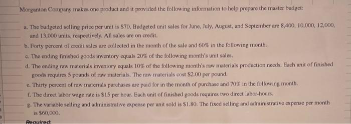 Morganton Company Makes One Product And It Provided The Following Information To Help Prepare The Master Budget A The 1