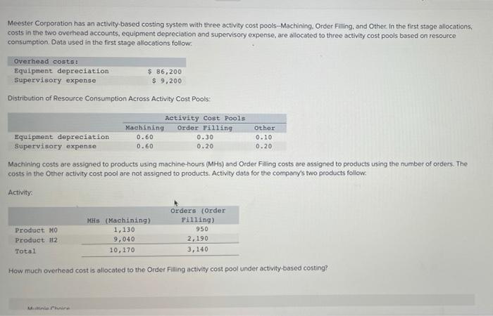 Meester Corporation Has An Activity Based Costing System With Three Activity Cost Pools Machining Order Filling And Ot 1