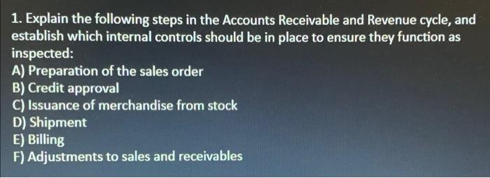 1 Explain The Following Steps In The Accounts Receivable And Revenue Cycle And Establish Which Internal Controls Shoul 1