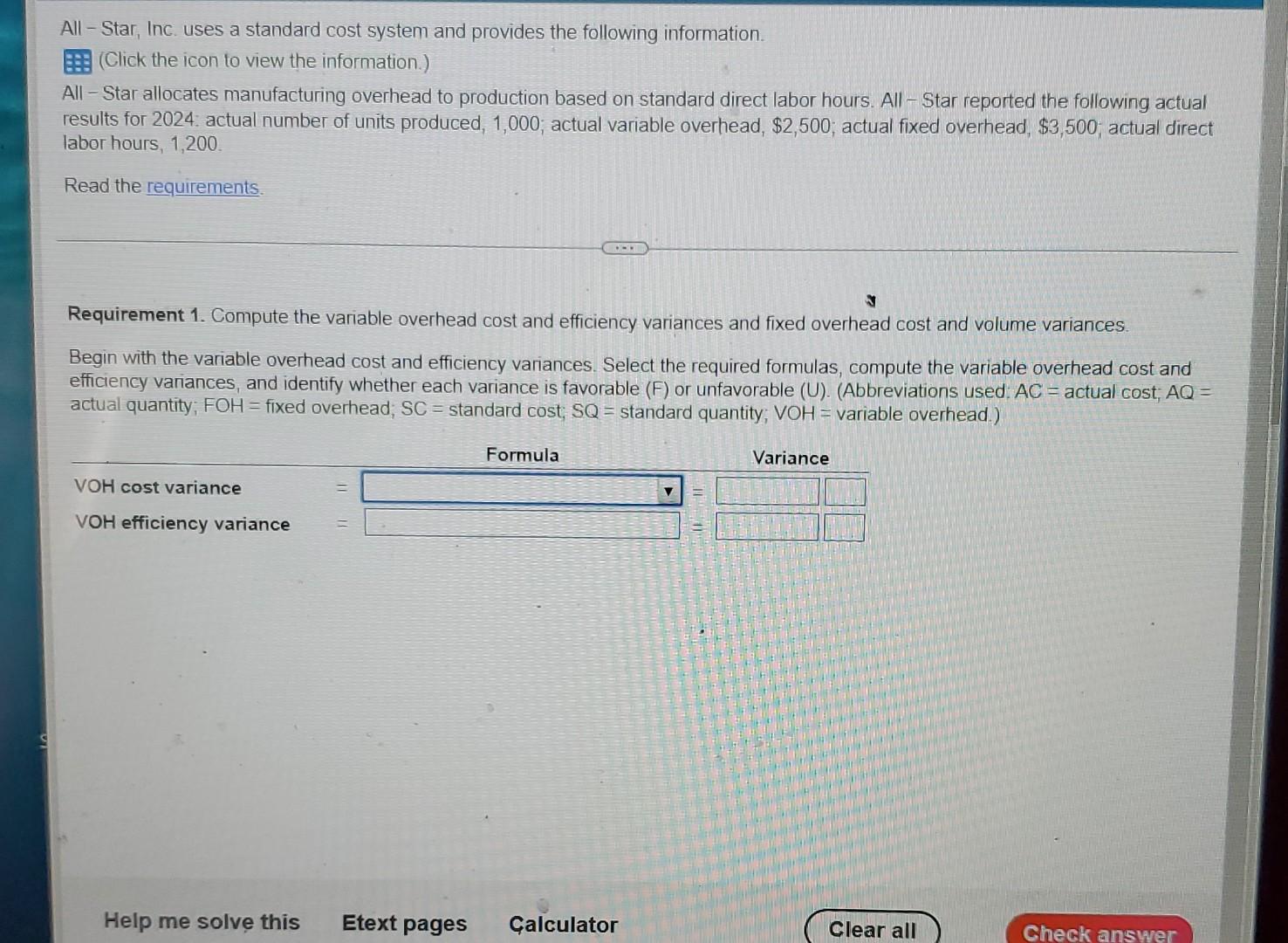 S All Star Inc Uses A Standard Cost System And Provides The Following Information Click The Icon To View The Informa 1