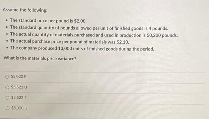 Assume The Following The Standard Price Per Pound Is 2 00 The Standard Quantity Of Pounds Allowed Per Unit Of Fin 1