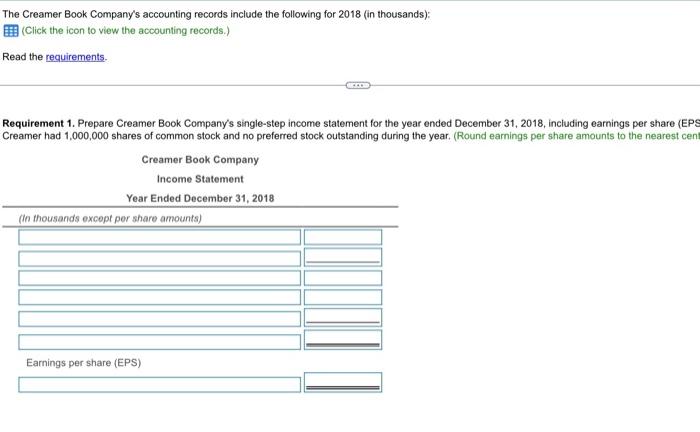 The Creamer Book Company S Accounting Records Include The Following For 2018 In Thousands Click The Icon To View The 1