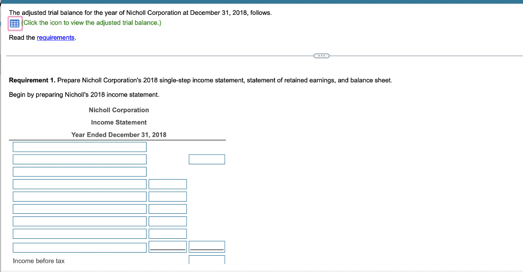 The Adjusted Trial Balance For The Year Of Nicholl Corporation At December 31 2018 Follows Click The Icon To View Th 1