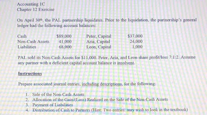 Accounting Ic Chapter 12 Exercise On April 30th The Pal Partnership Liquidates Prior To The Liquidation The Partnersh 1