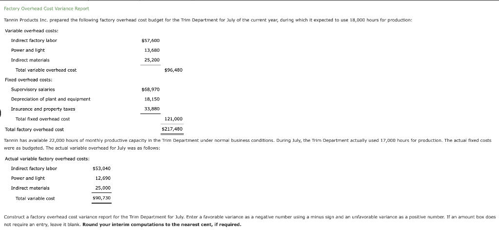Factory Overhead Cost Variance Report Tannin Products Inc Prepared The Following Factory Overhead Cost Budget For The T 1