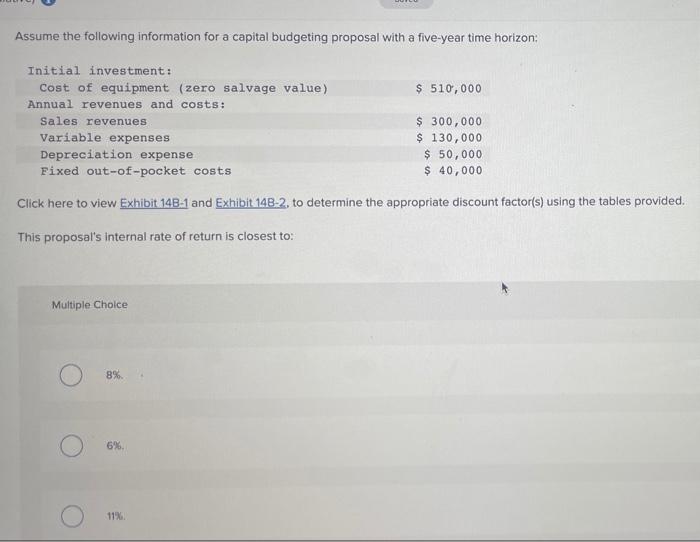 Assume The Following Information For A Capital Budgeting Proposal With A Five Year Time Horizon Initial Investment Cos 1