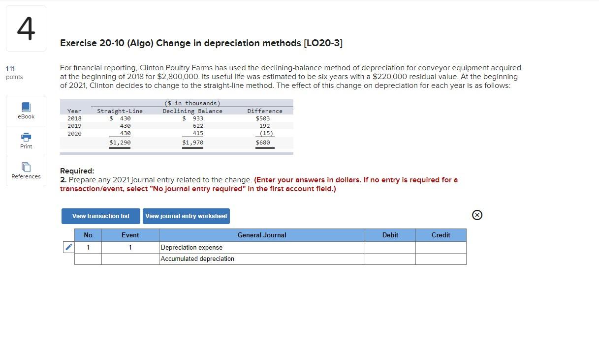 4 Exercise 20 10 Algo Change In Depreciation Methods Lo20 3 For Financial Reporting Clinton Poultry Farms Has Used 1
