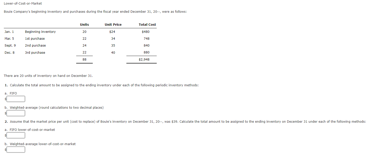 Lower Of Cost Or Market Bouie Company S Beginning Inventory And Purchases During The Fiscal Year Ended December 31 20 1