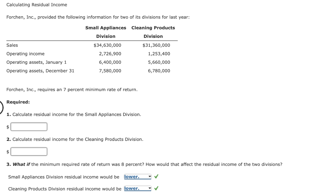 Calculating Residual Income Forchen Inc Provided The Following Information For Two Of Its Divisions For Last Year Sm 1