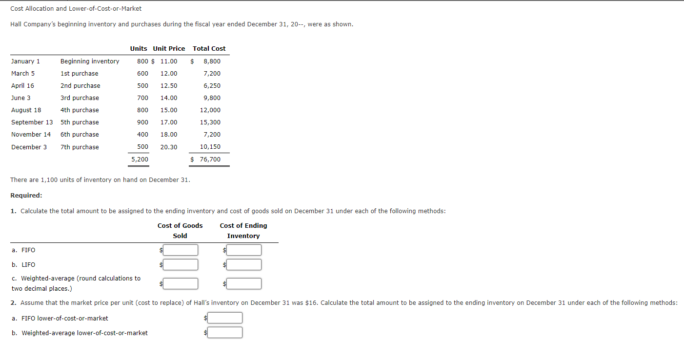Cost Allocation And Lower Of Cost Or Market Hall Company S Beginning Inventory And Purchases During The Fiscal Year Ende 1