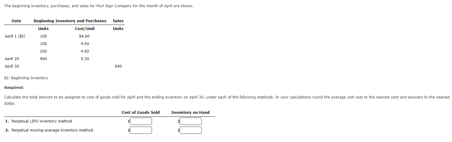 The Beginning Inventory Purchases And Sales For Myrl Sign Company For The Month Of April Are Shown Date Beginning Inv 1