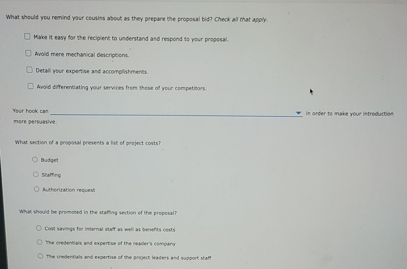 What Should You Remind Your Cousins About As They Prepare The Proposal Bid Check All That Apply Make It Easy For The R 1