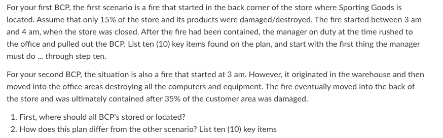 For Your First Bcp The First Scenario Is A Fire That Started In The Back Corner Of The Store Where Sporting Goods Is Lo 1