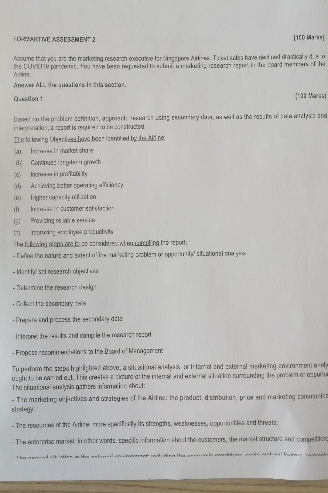 Formartive Assessment 2 100 Marks Assume That You Are The Marketing Research Executive For Singapore Airlines Ticket 1