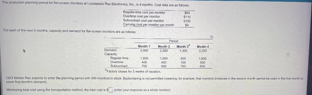The Production Planning Period For Flat Screen Monitors At Louisiana S Rao Electronics Inc Is 4 Months Cost Data Are 1