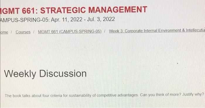 Gmt 661 Strategic Management Ampus Spring 05 Apr 11 2022 Jul 3 2022 Ome Courses Mgmt 661 Campus Spring 05 Week 1