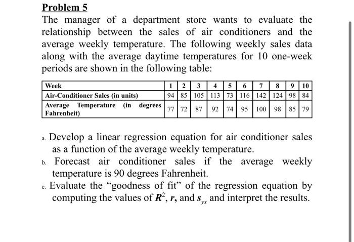 Problem 5 The Manager Of A Department Store Wants To Evaluate The Relationship Between The Sales Of Air Conditioners And 1