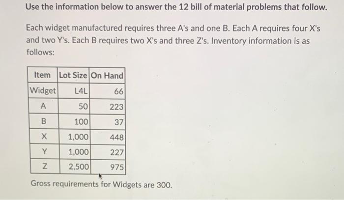 Use The Information Below To Answer The 12 Bill Of Material Problems That Follow Each Widget Manufactured Requires Thre 1