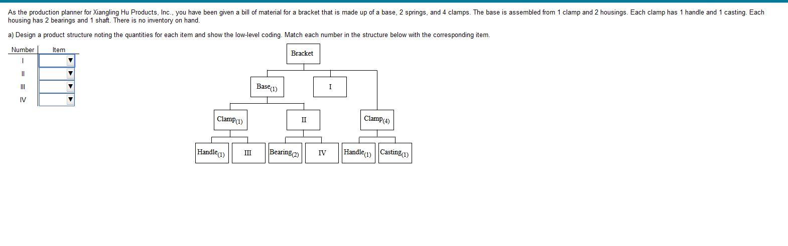 As The Production Planner For Xiangling Hu Products Inc You Have Been Given A Bill Of Material For A Bracket That Is 1