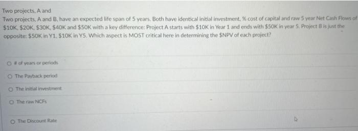 Two Projects A And Two Projects A And B Have An Expected Life Span Of 5 Years Both Have Identical Initial Investment 1