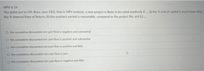 Npv Is 14 You Point Out To I M Boss Your Ceo That In Npv Analysis A New Project Is Likely To Be Rated Positively If 1