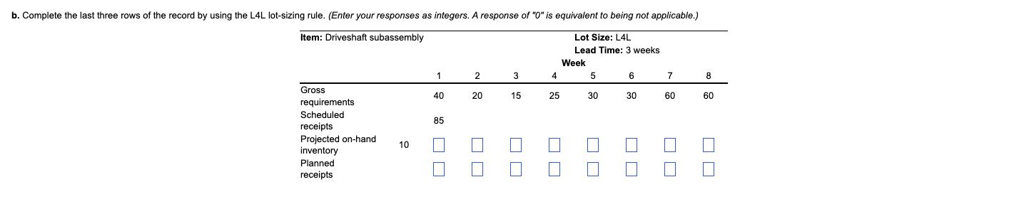 B Complete The Last Three Rows Of The Record By Using The L4l Lot Sizing Rule Enter Your Responses As Integers A Res 1