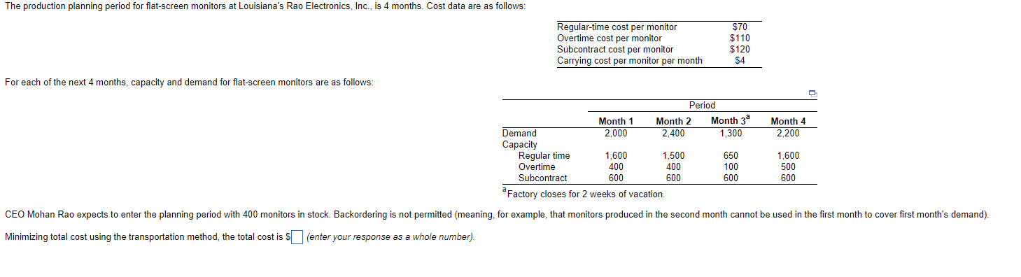 The Production Planning Period For Flat Screen Monitors At Louisiana S Rao Electronics Inc Is 4 Months Cost Data Are 1