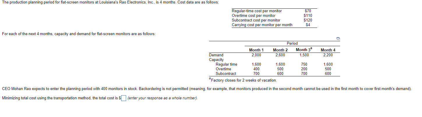 The Production Planning Period For Flat Screen Monitors At Louisiana S Rao Electronics Inc Is 4 Months Cost Data Are 1