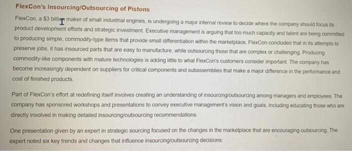 Flexcon S Insourcing Outsourcing Of Pistons Flexcon A 3 Billion Maker Of Small Industrial Engines Is Undergoing A Maj 1