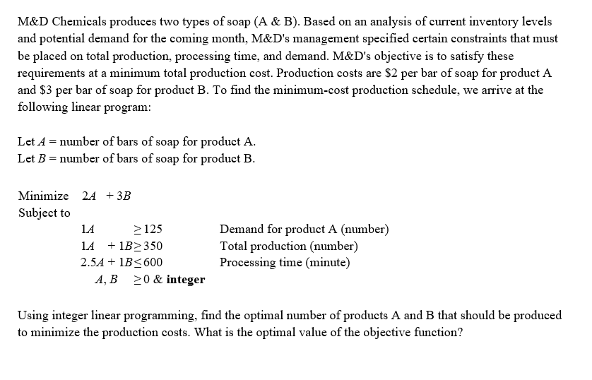 M D Chemicals Produces Two Types Of Soap A B Based On An Analysis Of Current Inventory Levels And Potential Demand 1