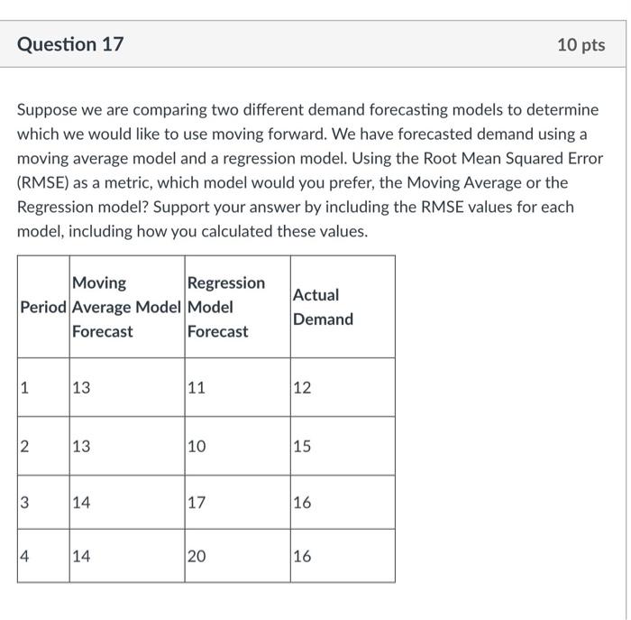 Question 17 10 Pts Suppose We Are Comparing Two Different Demand Forecasting Models To Determine Which We Would Like To 1