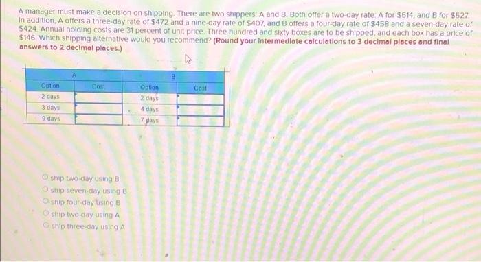 A Manager Must Make A Decision On Shipping There Are Two Shippers A And B Both Offer A Two Day Rate A For 514 And 1