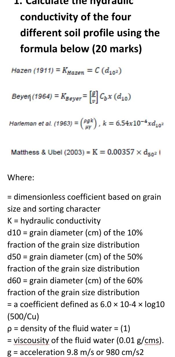 Conductivity Of The Four Different Soil Profile Using The Formula Below 20 Marks Hazen 1911 Khazen C D10 Beye 1