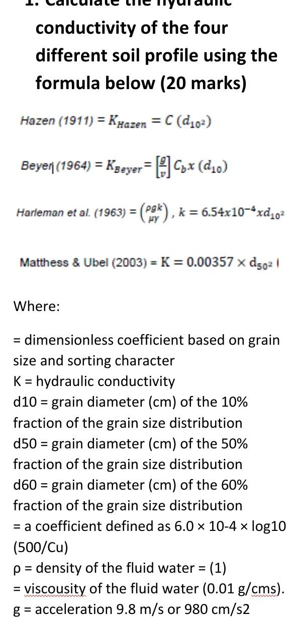 Conductivity Of The Four Different Soil Profile Using The Formula Below 20 Marks Hazen 1911 Khazen C D10 Beye 2