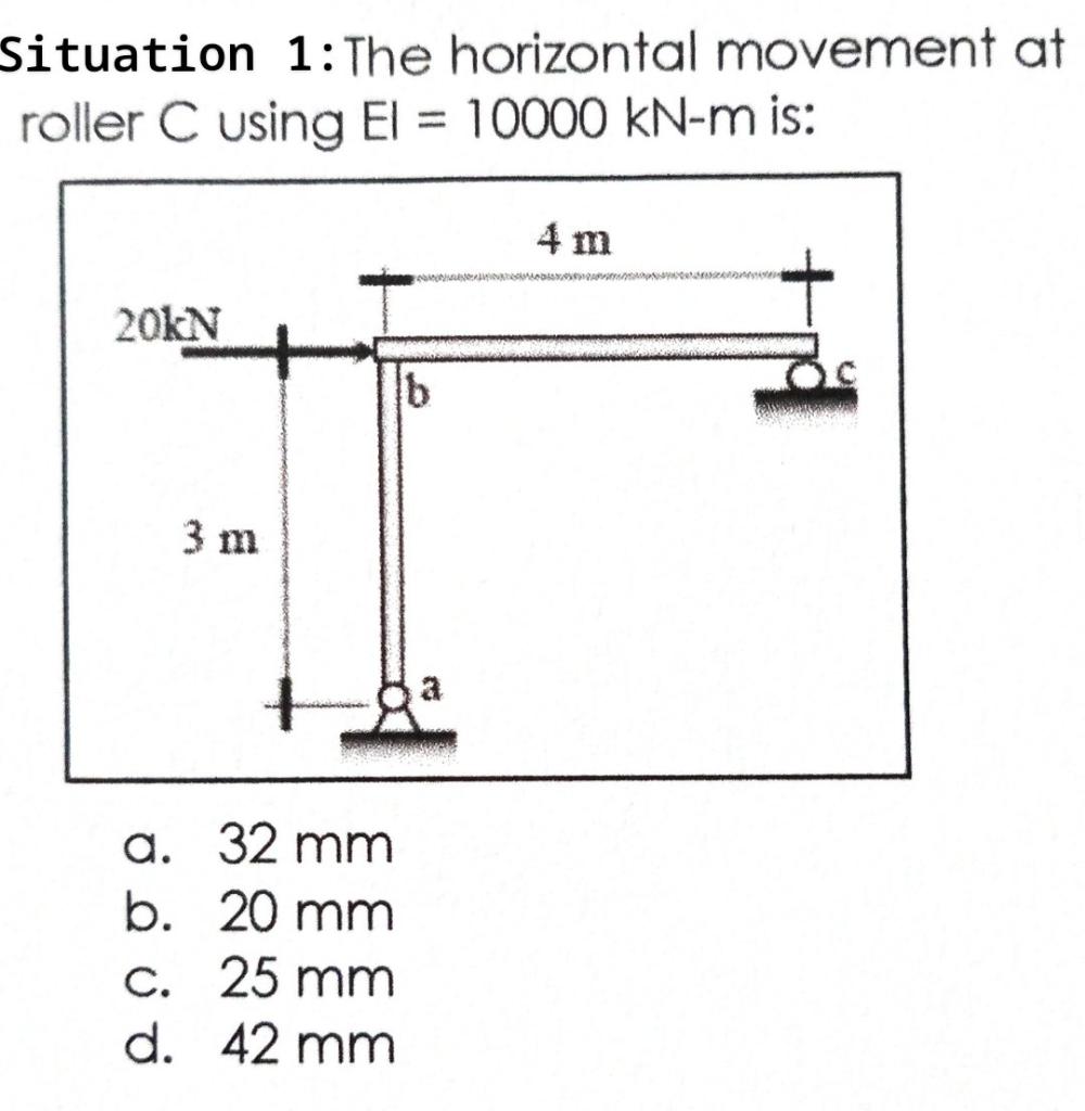 Situation 1 The Horizontal Movement At Roller C Using El 10000 Kn M Is 4 M 20kn B 3 M A 32 Mm B 20 Mm C 25 Mm D 1