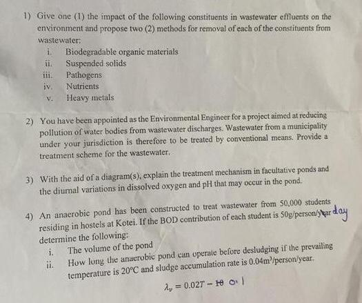 1 Give One 1 The Impact Of The Following Constituents In Wastewater Effluents On The Environment And Propose Two 2 1