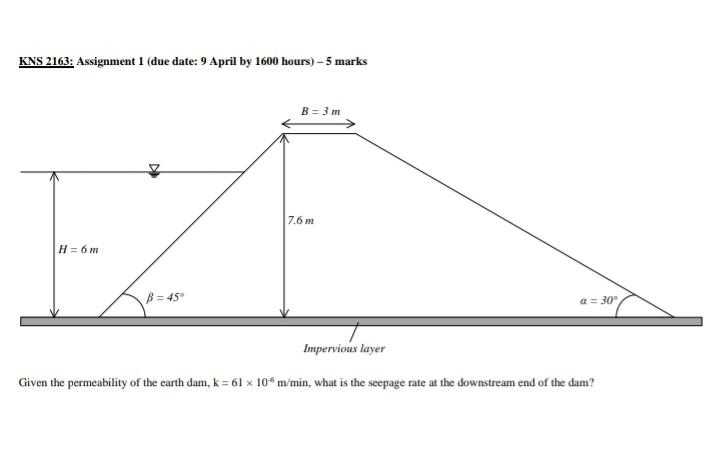 Kns 2163 Assignment 1 Due Date 9 April By 1600 Hours 5 Marks B 3m H 6m B 45 A 30 Impervious Layer Given Th 1