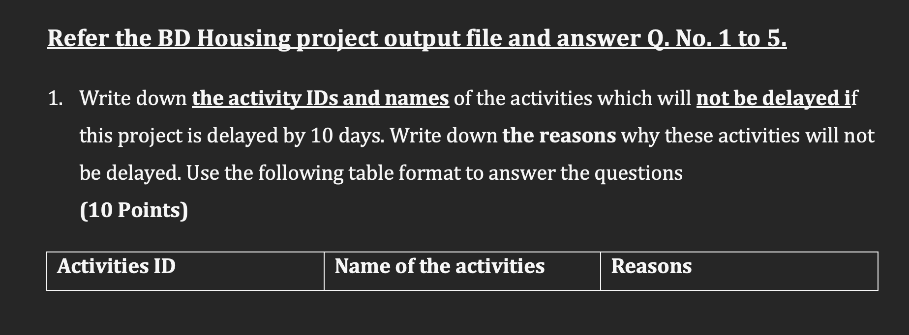 Refer The Bd Housing Project Output File And Answer Q No 1 To 5 1 Write Down The Activity Ids And Names Of The Activ 1