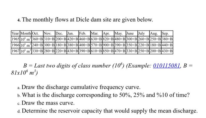 4 The Monthly Flows At Dicle Dam Site Are Given Below Year Month Oct Nov Dec Jan Feb Mar Apr May June July Aug 1