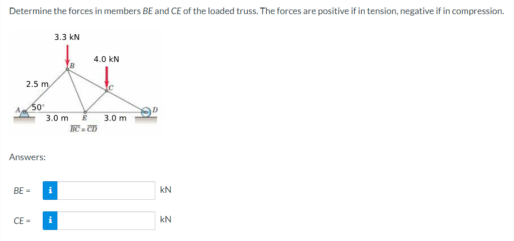 Determine The Forces In Members Be And Ce Of The Loaded Truss The Forces Are Positive If In Tension Negative If In Com 1