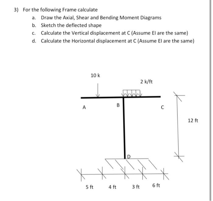 3 For The Following Frame Calculate A Draw The Axial Shear And Bending Moment Diagrams B Sketch The Deflected Shape 1