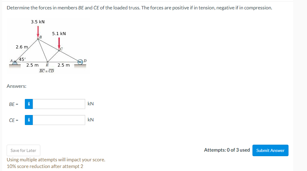 Determine The Forces In Members Be And Ce Of The Loaded Truss The Forces Are Positive If In Tension Negative If In Com 1