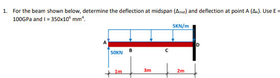 1 For The Beam Shown Below Determine The Deflection At Midspan Amid And Deflection At Point A A Use E 100gpa An 1