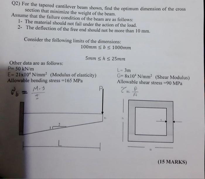Q2 For The Tapered Cantilever Beam Shown Find The Optimum Dimension Of The Cross Section That Minimize The Weight Of T 1