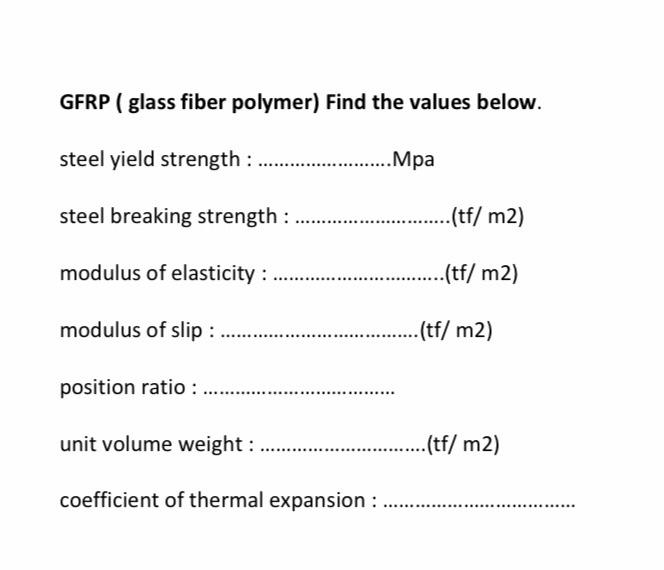 Gfrp Glass Fiber Polymer Find The Values Below Steel Yield Strength Mpa Steel Breaking Strength Tf M2 Mod 1