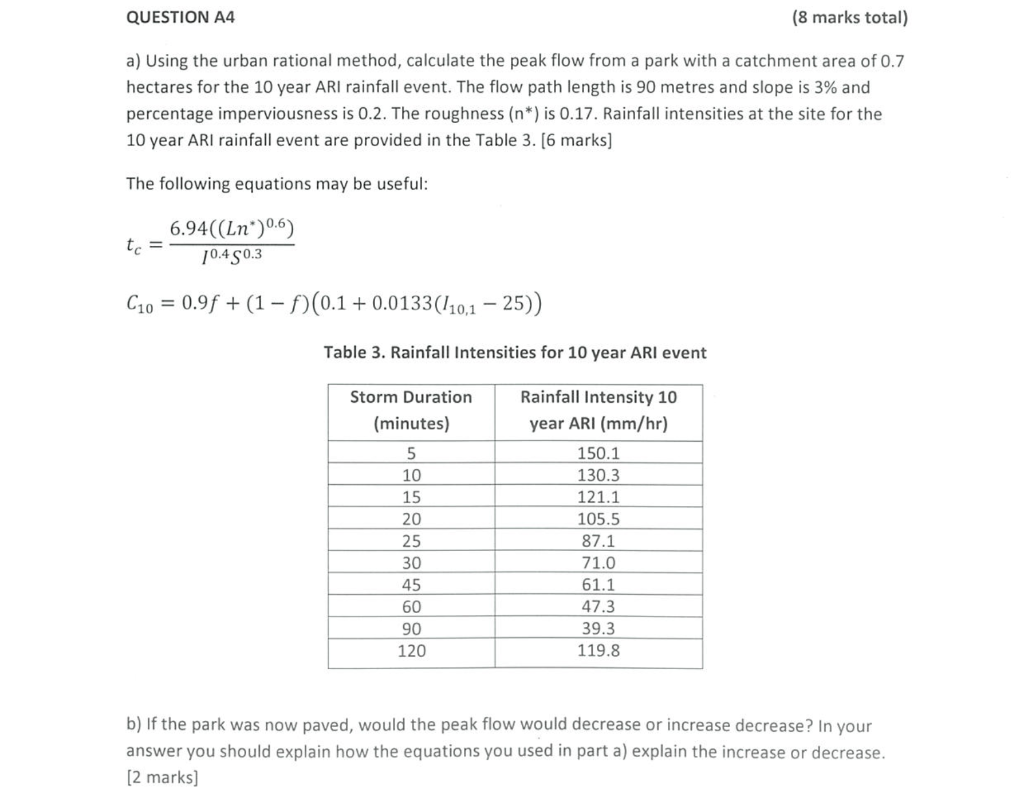Question A4 8 Marks Total A Using The Urban Rational Method Calculate The Peak Flow From A Park With A Catchment Are 1