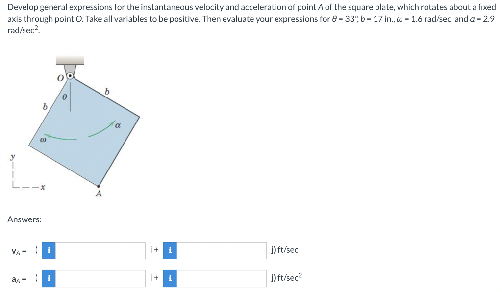 Develop General Expressions For The Instantaneous Velocity And Acceleration Of Point A Of The Square Plate Which Rotate 1
