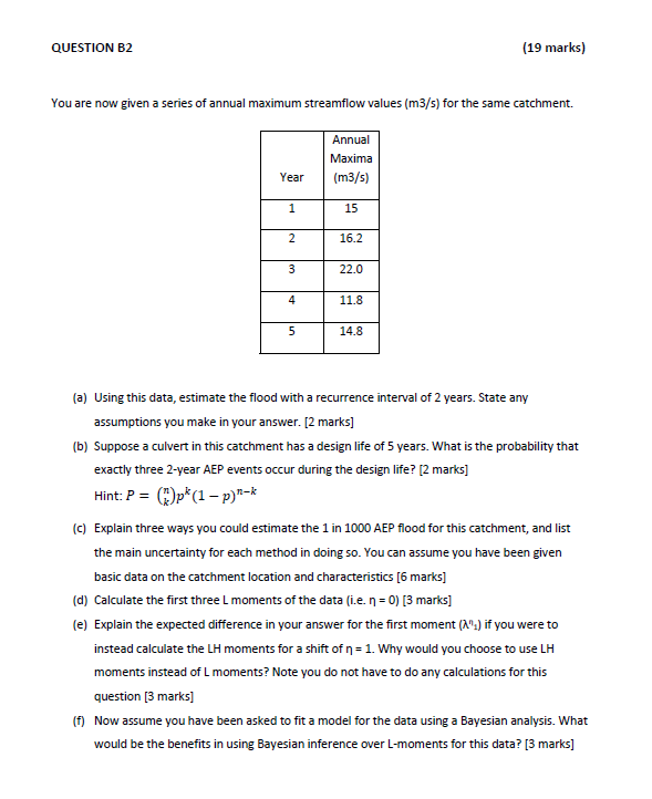 Question B2 19 Marks You Are Now Given A Series Of Annual Maximum Streamflow Values M3 S For The Same Catchment Ann 1