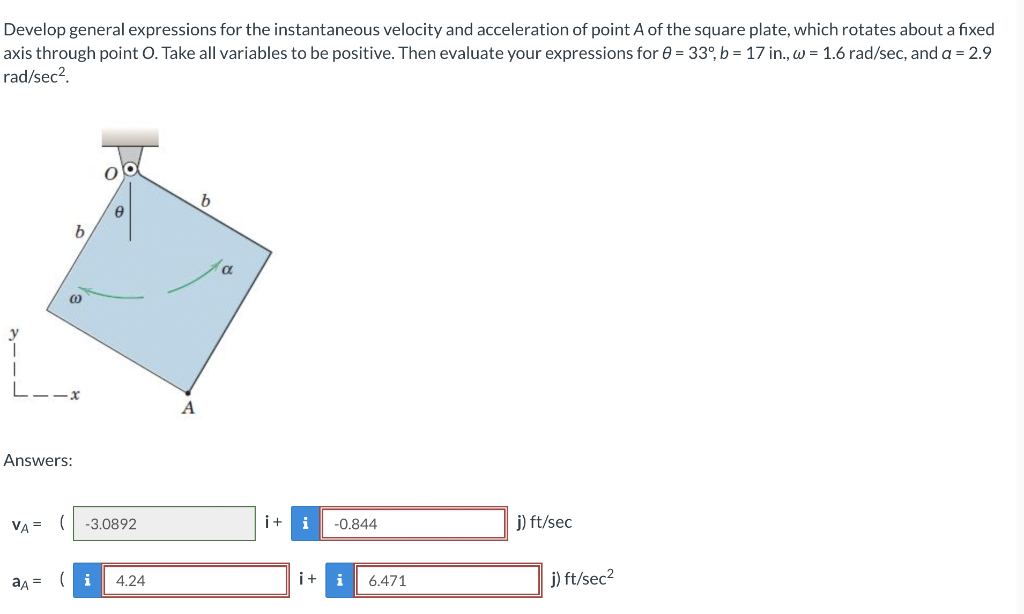 Develop General Expressions For The Instantaneous Velocity And Acceleration Of Point A Of The Square Plate Which Rotate 1